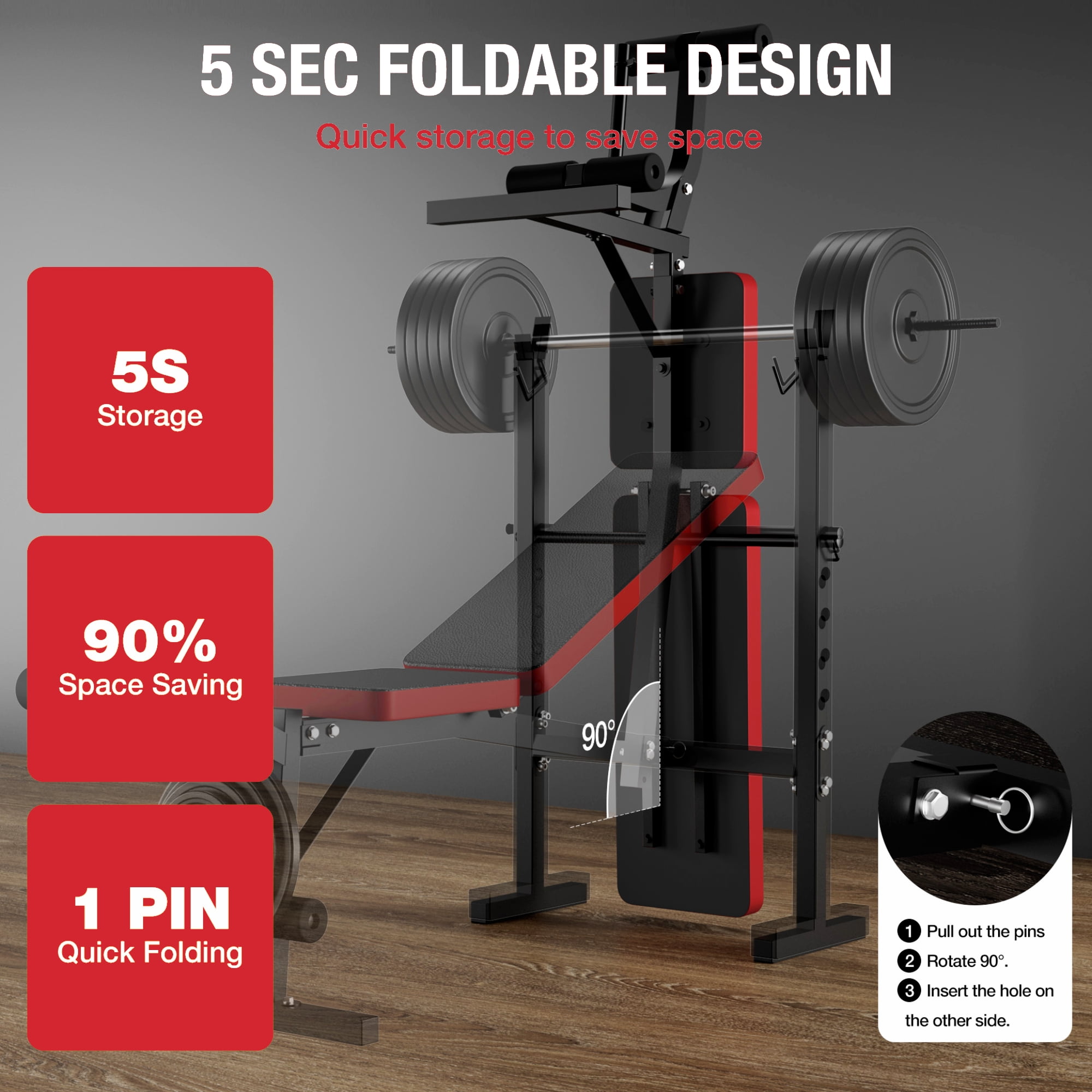 Weight Bench,Blacksmith Foldable 750lbs 5-In-1 Weightbench Set with Squat Rack and Leg Extension & Curl,Gym Exercise Equipment Bench for Full Body Home Gym