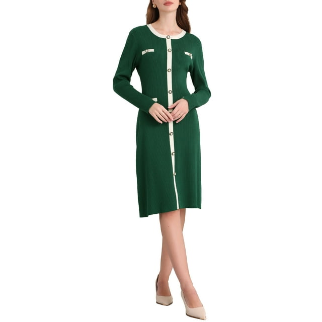 Vestido de suéter de color contrastante para mujer INSPIRE CHIC, de manga larga, tejido, corte A, midi, color verde