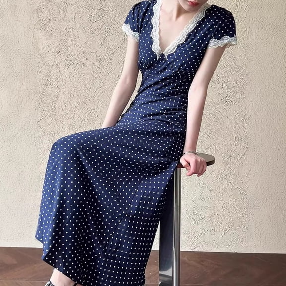 Women Lace Polka Dot Maxi Dress, Slim Fitted Waist Long Dress for Party and Daily Casual Wear