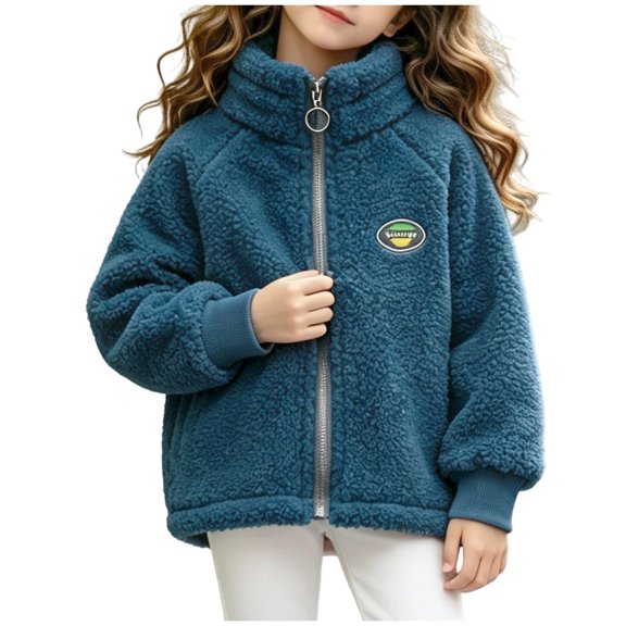Girls Fleece Lined Full-Zip Jacket Winter Plush Warm Coats Soft & Cozy Stand-Collar Coat Long Sleeve Soft Outerwear with Pockets 1-12Y