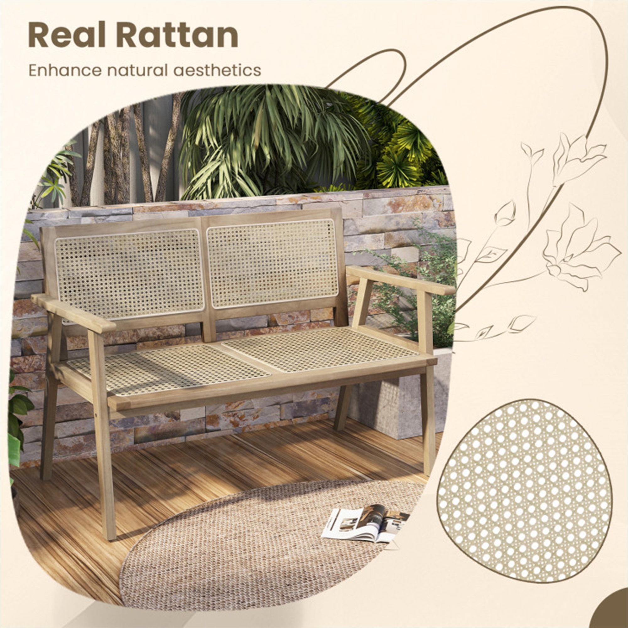 Demi Bonndonesia Teak Wood Garden Bench with Armrests and Natural Rattan Backrest Dining Chair, Brown