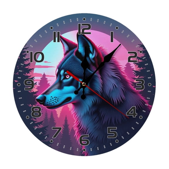 Neon Wolf Animal Fantasy Wall Clock 10 Inch Silent Non Ticking Round Clock Decoration for Living Room Kitchen Bedroom Bathroom Office Classroom