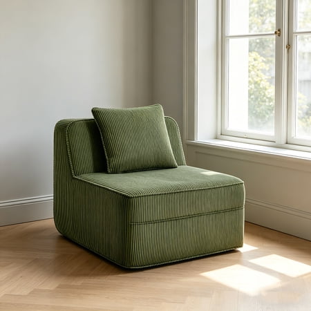 AUU Martha Armless Sofa with Pillow, Corduroy Upholstered Couch, Green for Living Room