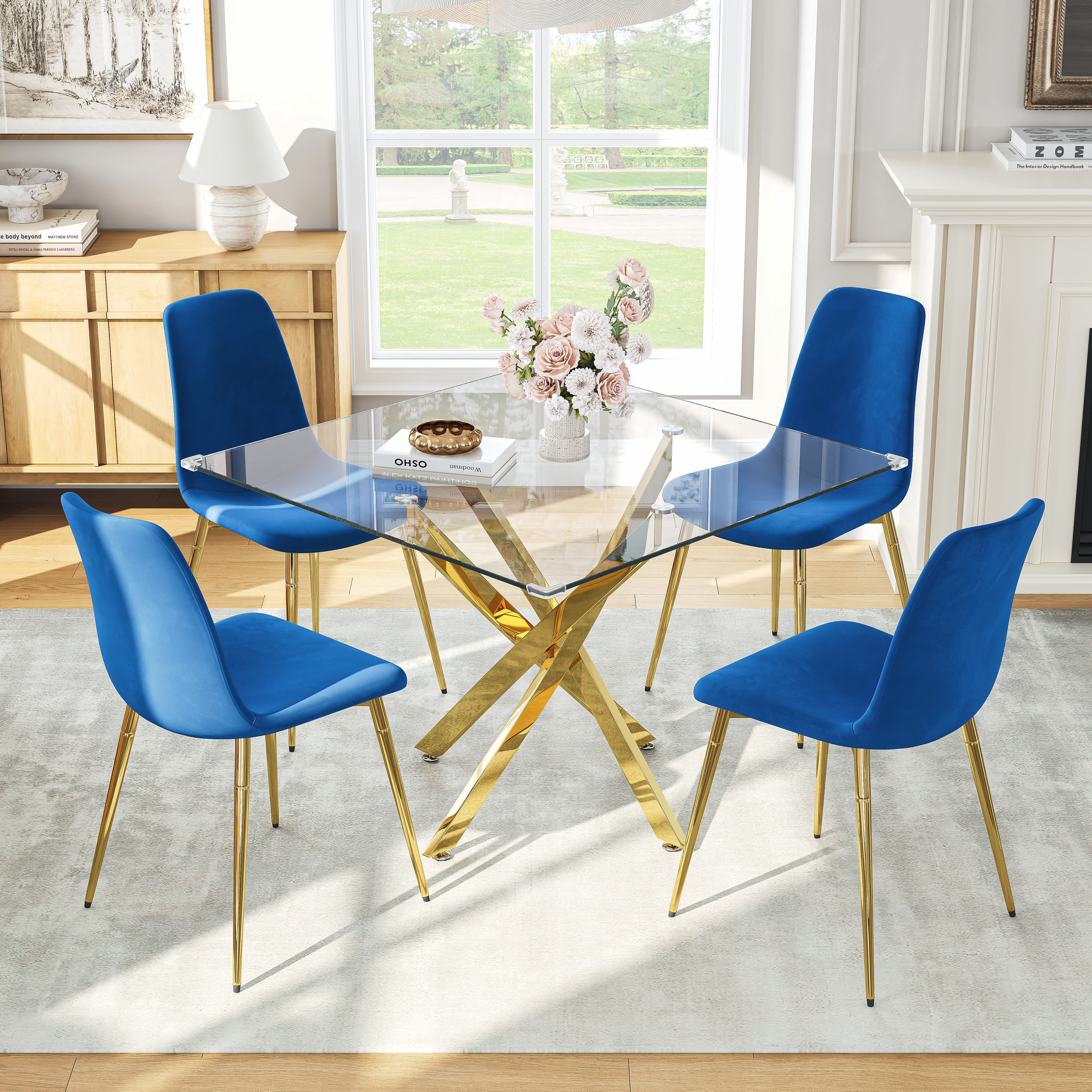 5-Piece 36" Square Glass Dining Set, Clear Tempered Glass Table & 4 Velvet Chairs with Stainless Steel Legs for Kitchen, Meeting Room