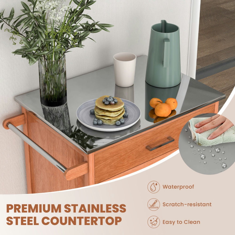 Finihen Rolling Storage Cabinet Cart, Kitchen Island Cart, Wooden Kitchen Rolling Storage Cabinet with Stainless Steel Top, for Kitchen, Dining Room, Brown Finihen Rolling Storage Cabinet Cart, Kitchen Island Cart, Wooden Kitchen Rolling Storage Cabinet with Stainless Steel Top, for Kitchen, Dining Room, Brown