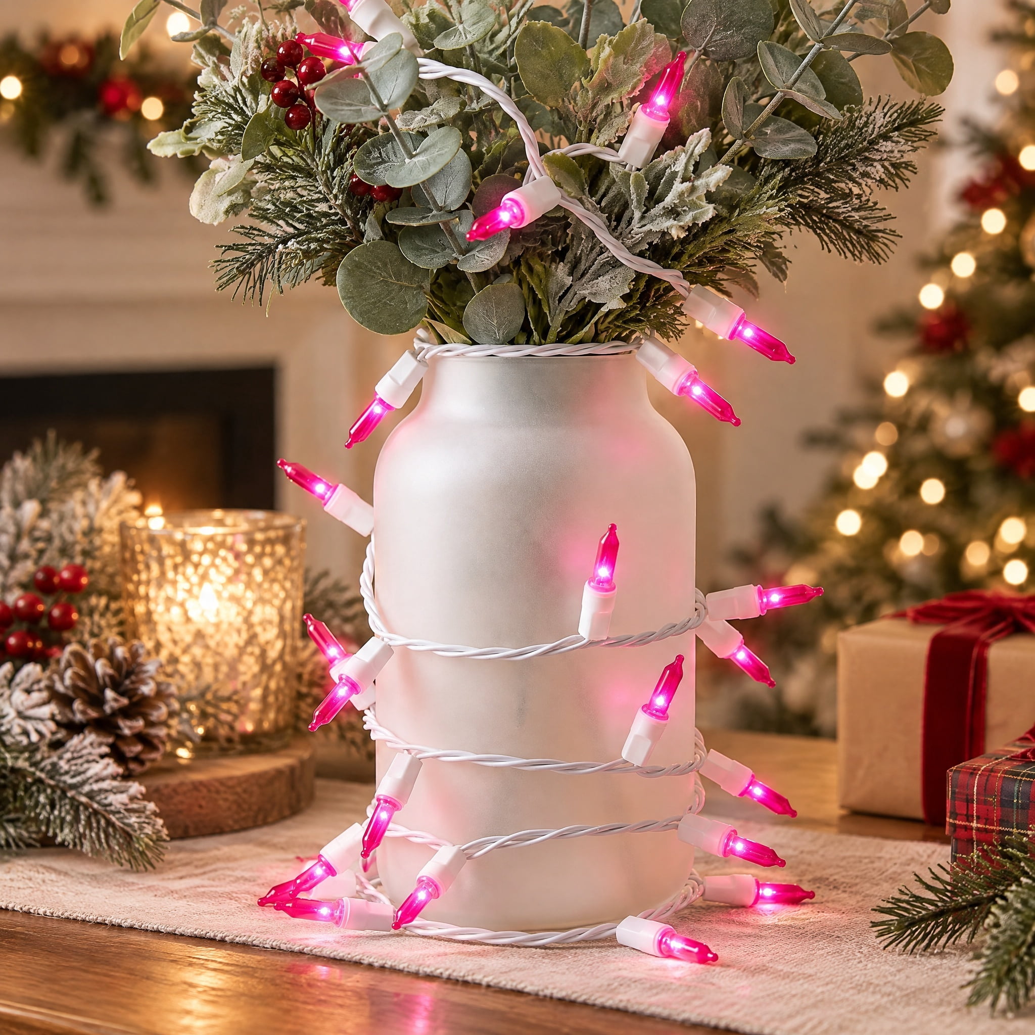 Indoor/Outdoor 50-Count LED Mini Christmas String Lights, Pink, White Wire, 9.5', by Holiday Time