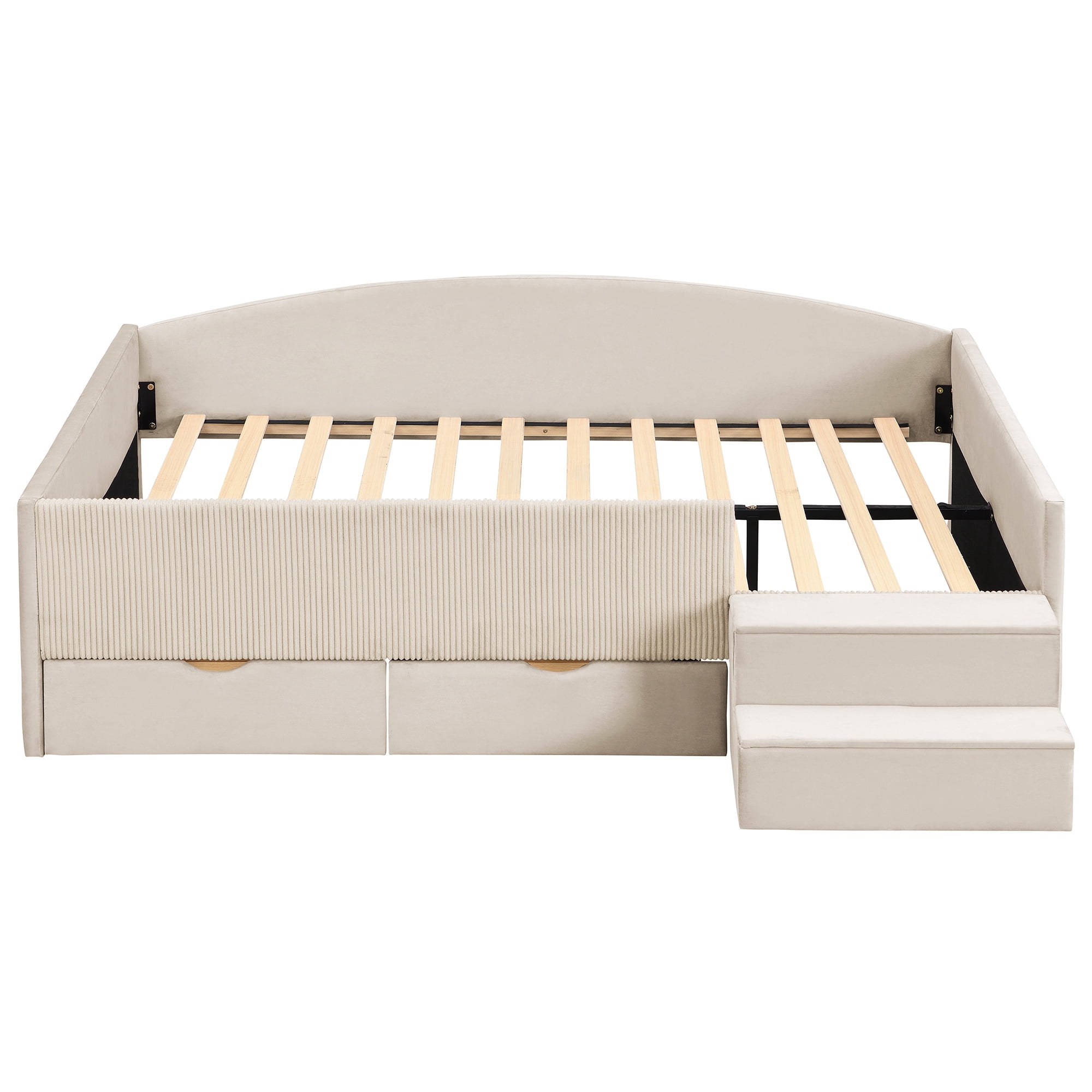 Mintazer Full Size Cute Upholstered Floor Daybed Frame with Safety Guardrail & 2 Storage Drawers & Stairs for Teens Kids, Beige