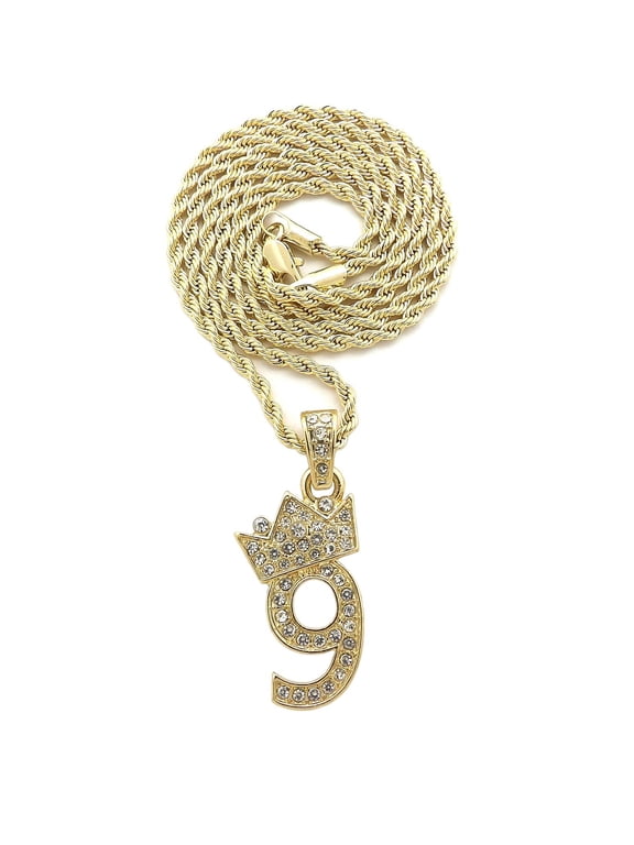 Stone Stud Tilted Crown Number Micro Pendant with 2mm Rope Chain Necklace, #9/Gold-Tone/22"