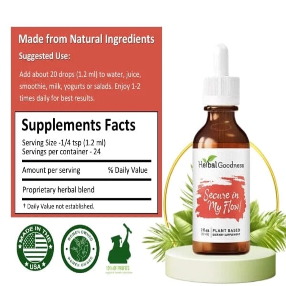 Secure in My Flow Extract 2 fl.oz - Menstrual Support, Hormone Harmony Health Supplement, Flow Ovarian Cycle Support, Fennel, Chaste - Herbal Goodness