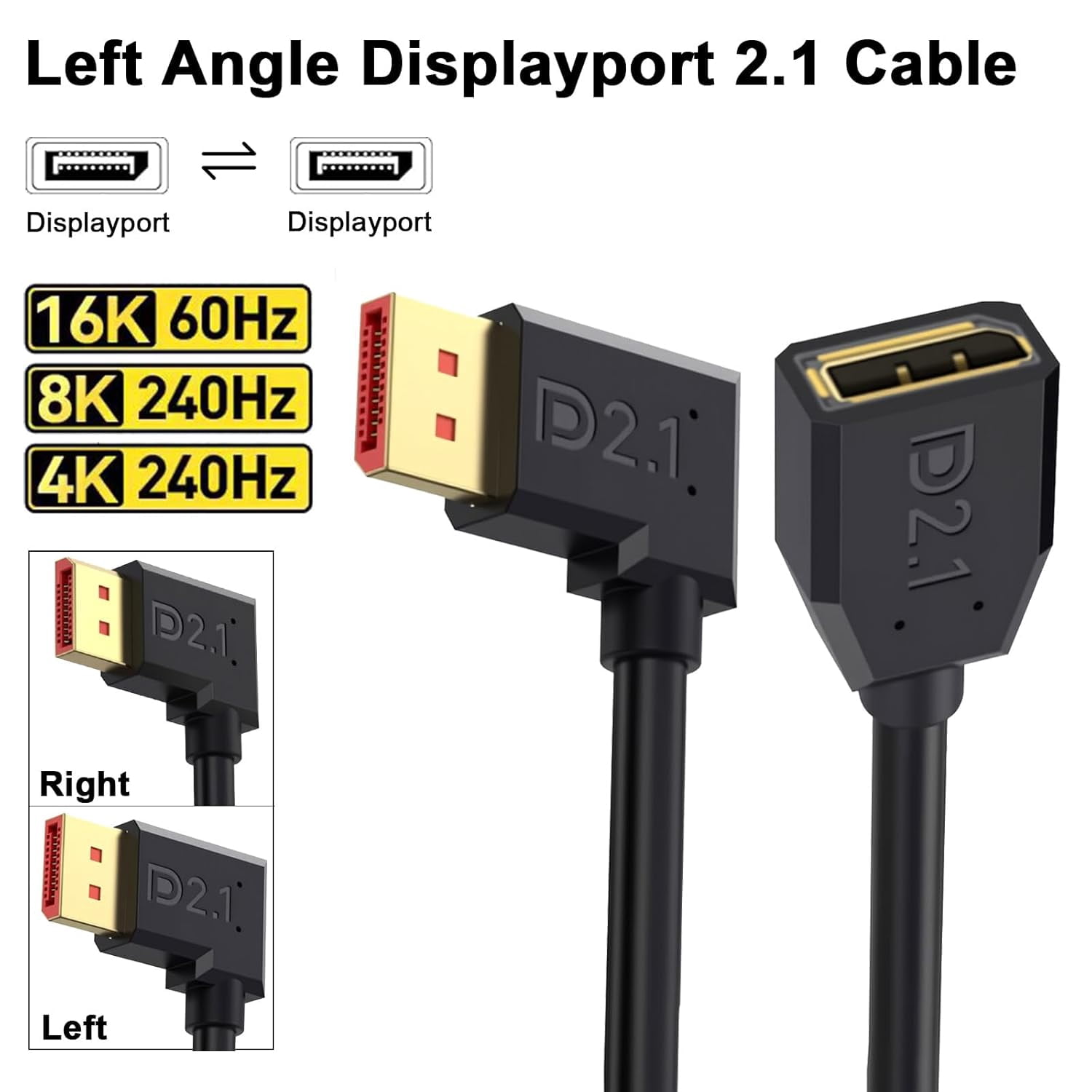 JJEAN-Short Displayport 2.1 Extension Cable 6inch/15cm, 16K/8K@60hz 54Gbps 90 Degree Displayport Extension Cable, Left Angle Display Port 2.1 Male to Female DP Extender Cord for PC, Laptop