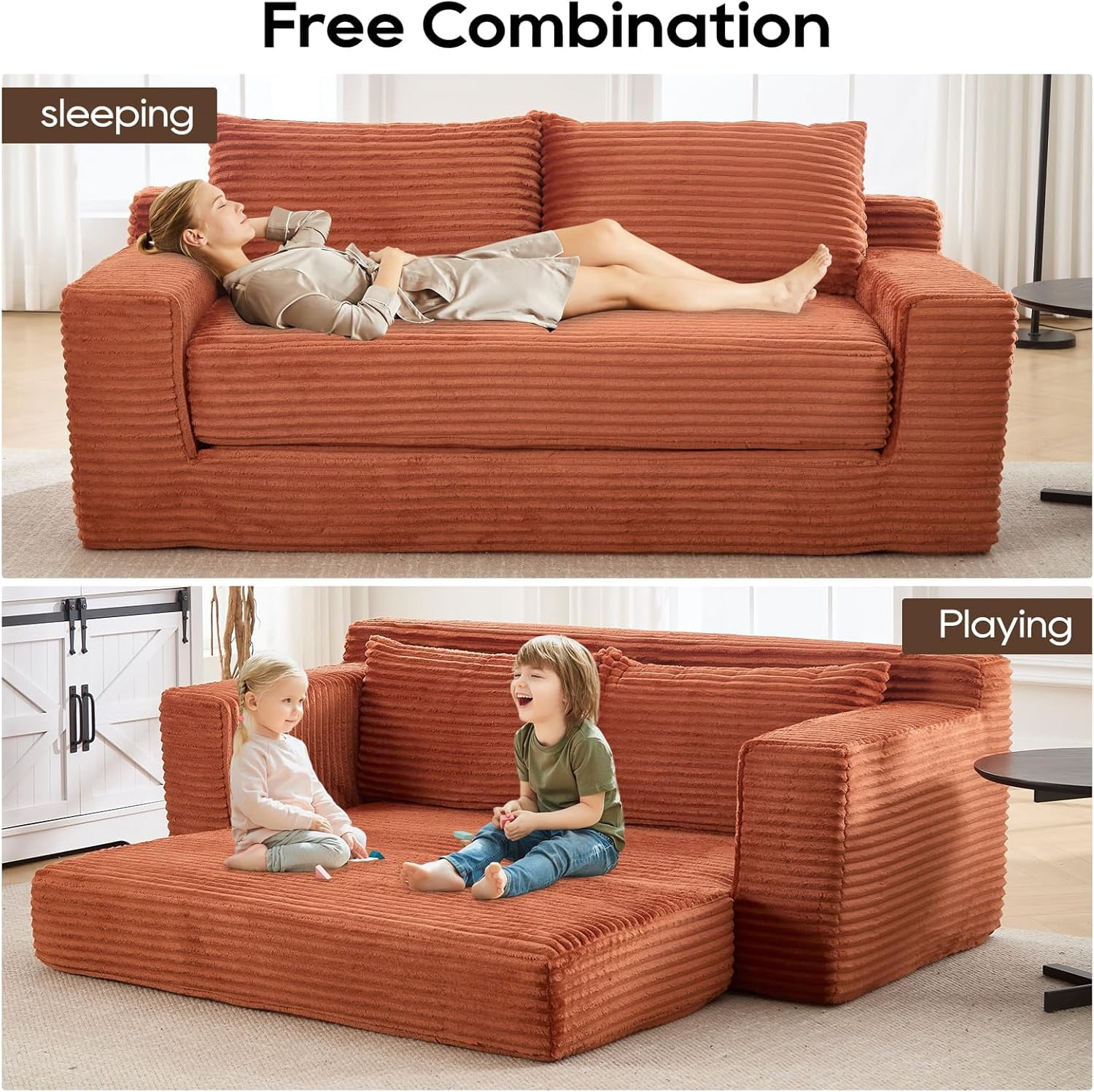 70.87" W Cloud Lounge Memory Foam Corduroy Convertible Folding and No Assembly Loveseat Sofa Bed,Orange