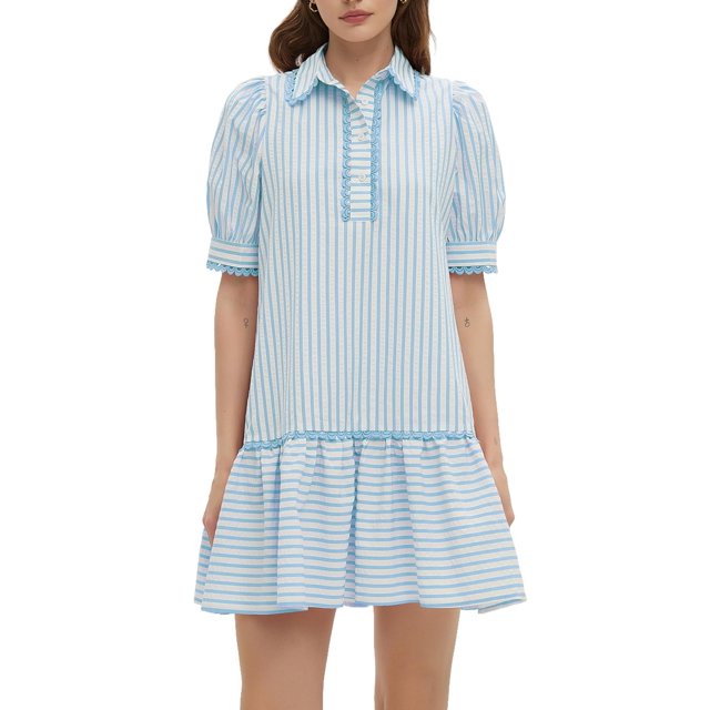 Vestido EZAPINE a rayas para mujer con cuello y manga corta azul