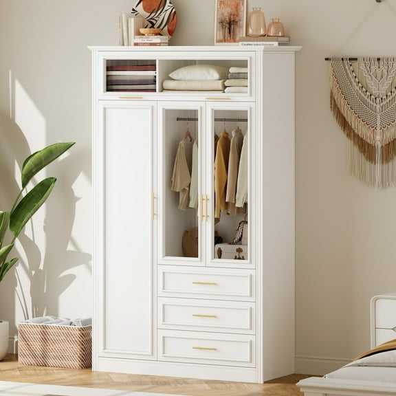 Lisonu 4-Door Modern Wardrobe with LED Lights, 47" White Armoire Closet with Drawers, Glass Door & Hanging Rods for Bedroom
