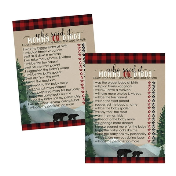 Lumberjack Baby Shower Mommy or Daddy Game 25 Pack Guess Which Parent Activity for Guests - Rustic Little Bear Red Black - 5x7 Size Set Printed - Paper Clever Party