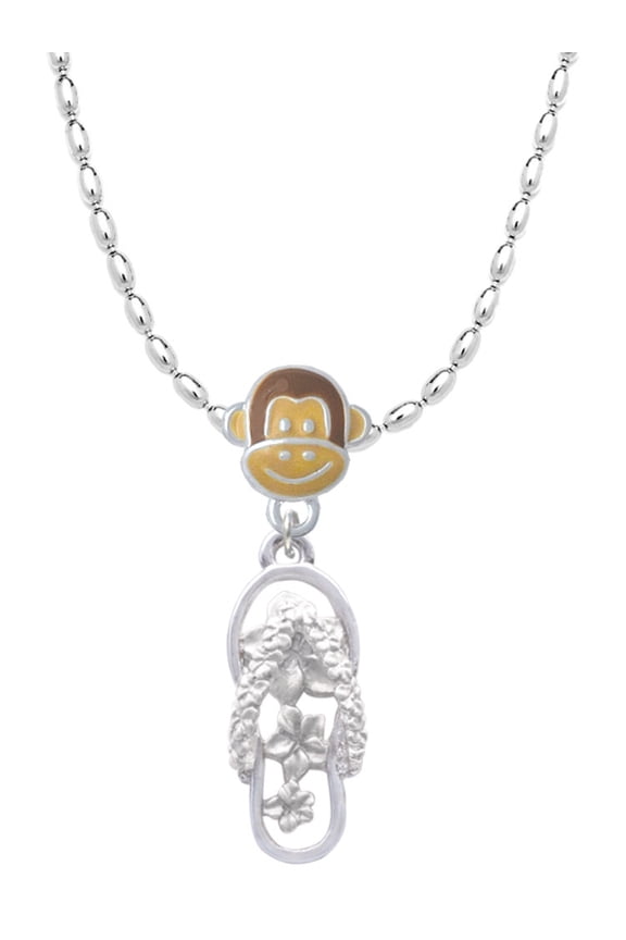 Silvertone White Open Plumeria Flower Flip Flop Mia Monkey Charm Necklace