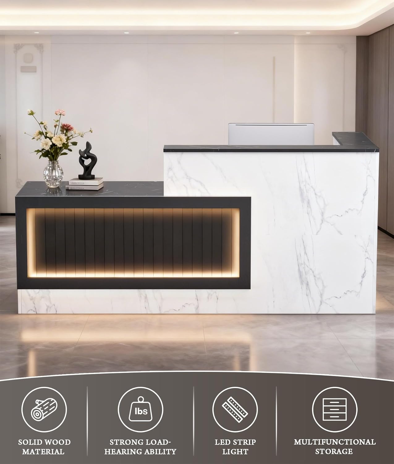 Vakiorn L Shaped Wooden Reception Desk with LED Lights 71x24x41in Lockable Drawers Storage Keyboard Tray