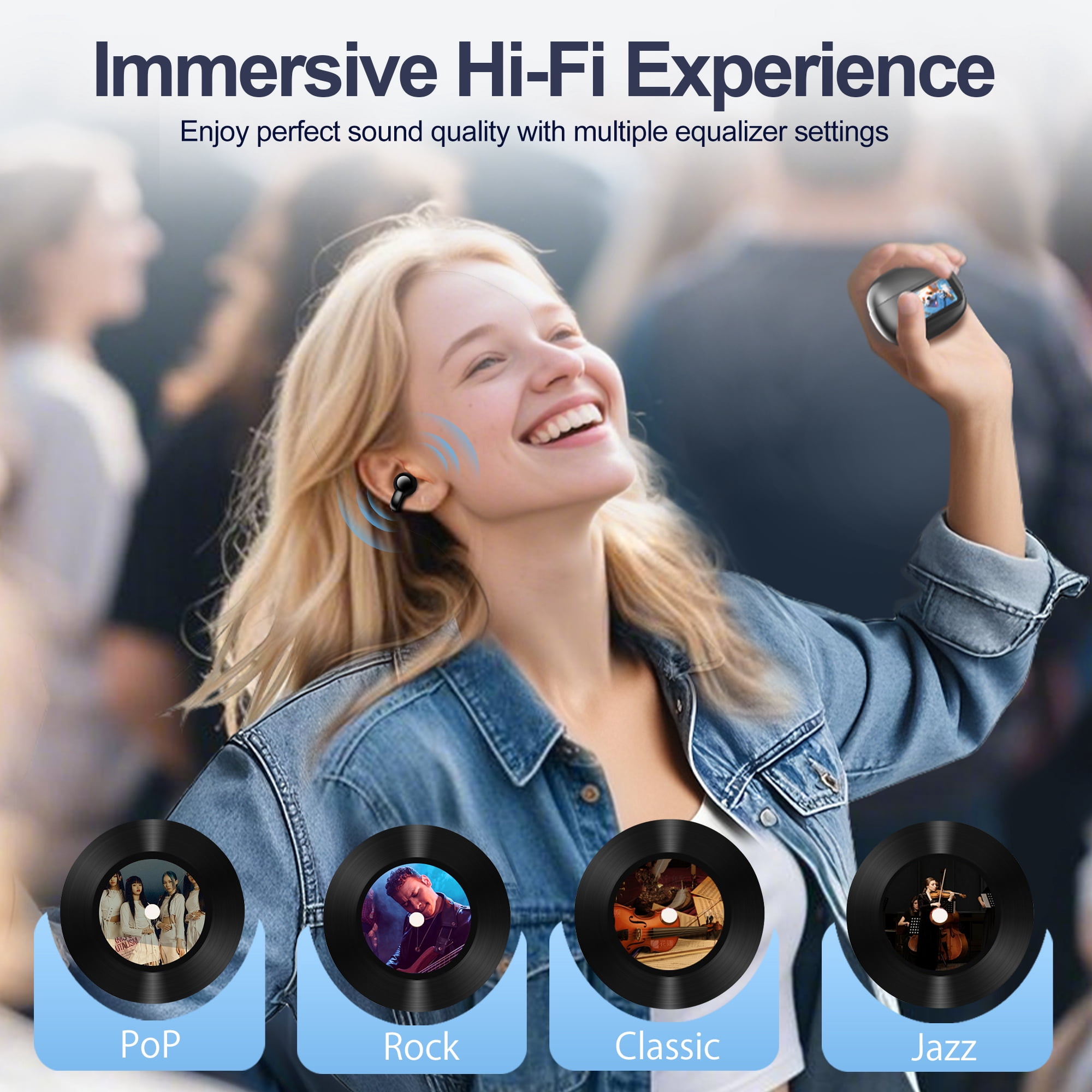 Open-Ear Headphones, Wireless Clip On Earbuds with Touch Screen Charging Case 60H Playtime, Bluetooth 6.0, IPX7 Waterproof, Lightweight Comfort, Stable Fit, Open-Ear Safety Design for Workout/Running