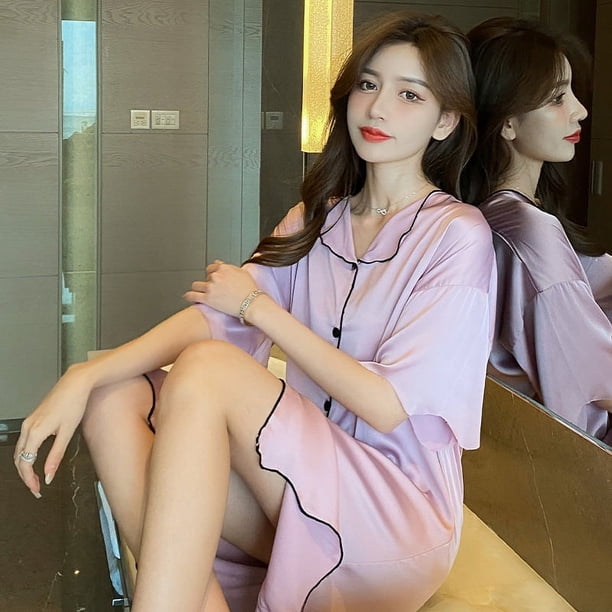 Camisón de mujer de verano de seda de hielo de manga corta de verano fino sexy lindo de mujer de seda estilo puro deseo ropa de casa para mujer