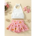 thumbnail image 3 of Bagilaanoe 3Pcs Toddler Baby Girls Skirt Set Sleeveless Backless Vest Tops + Flower Print Skort + Headband 6M 12M 18M 24M 3T 4T Kids Casual Outfits, 3 of 9