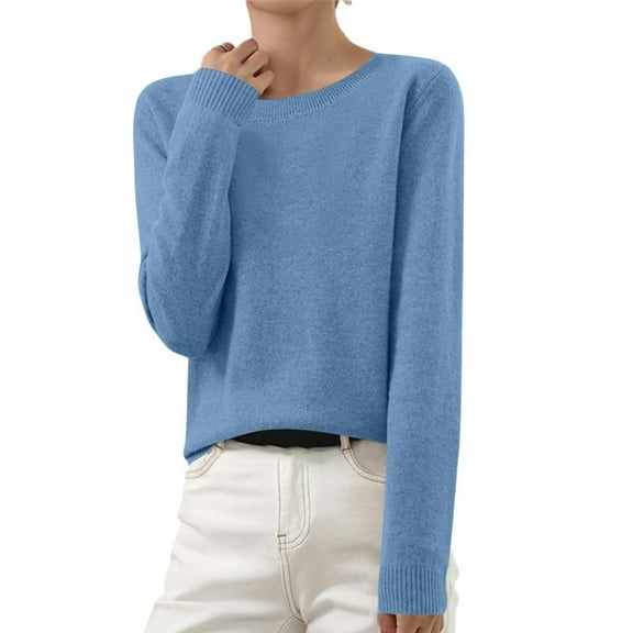 Women Sweaters Cropped Long-Sleeve Crew Neck Casual Light Weight Sweater Tops Fall Fashion Clothes Blue S