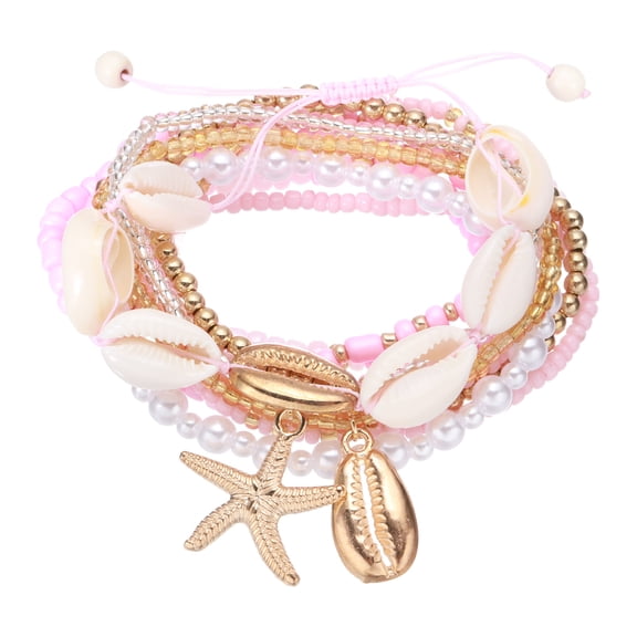 Uxcell Summer Beach Bracelets Bohemian Multi-Layer Seashell Starfish Beads Stretch Bracelet Set for Women Wristbands Jewelry Accessories Costume Gifts, Pink
