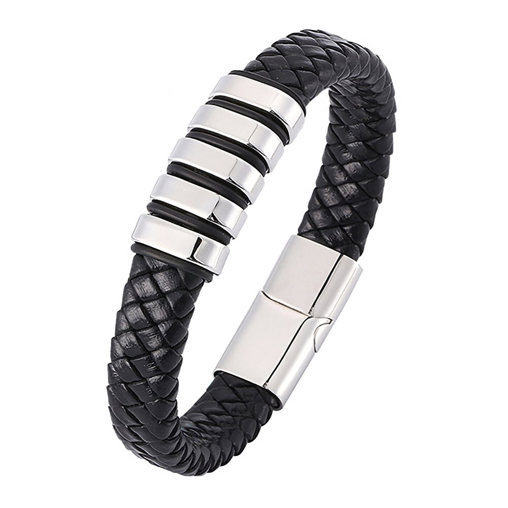 Details about   Vintage Chain Genuine Leather Bracelet Men Stainless Steel Braid Jewelry women 