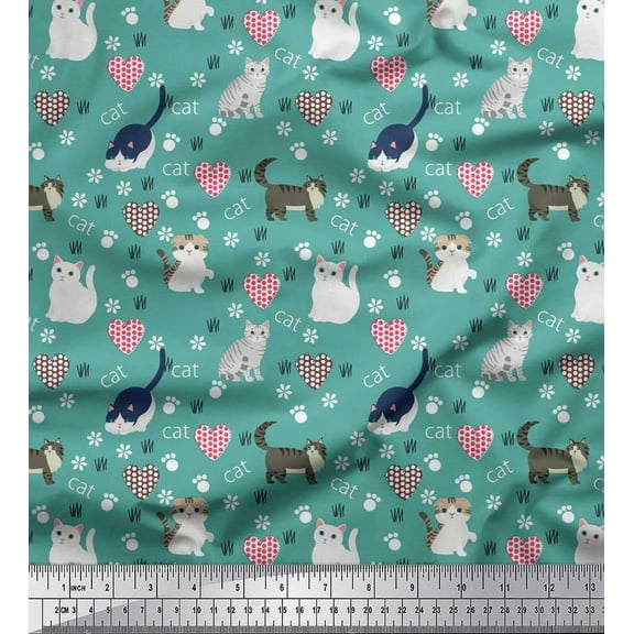 Soimoi Cotton Duck Fabric Heart,Footprint & Cat Animal Decor Fabric Printed Yard 42 Inch Wide