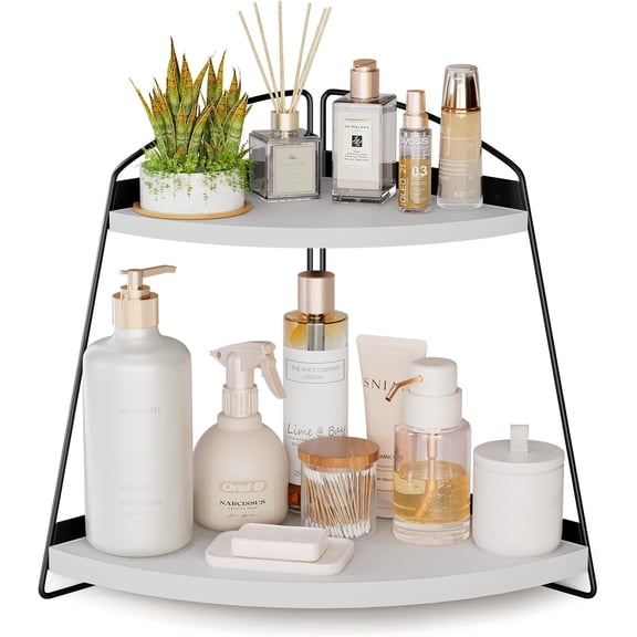 Puricon 2-Tier Wood Countertop Organizer Bathroom Sink Corner Shelf -White