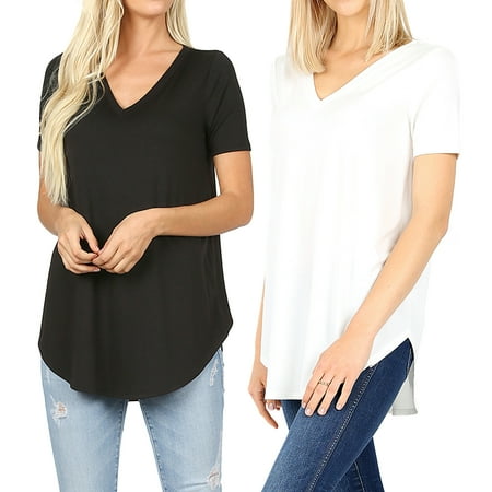 2 Packs of Zenana Women & Plus Short Sleeve V Neck Round Hem Relaxed Fit Casual Tee Shirt Top price history on PriceWatchPro