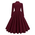 thumbnail image 4 of Efsteb Elegant Cocktail Dresses for Women Vintage Lapel Collar Button Pleated Dress Long Sleeve Solid Maxi Dress (Wine,S), 4 of 5