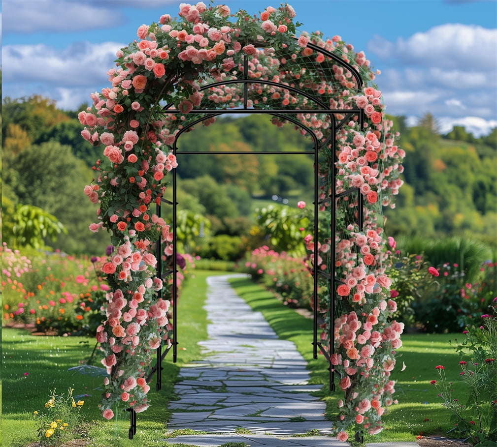41x63x63" Black Iron  Garden Trellis Arch Support for Plants Vegetables Flowers, Nylon Mesh
