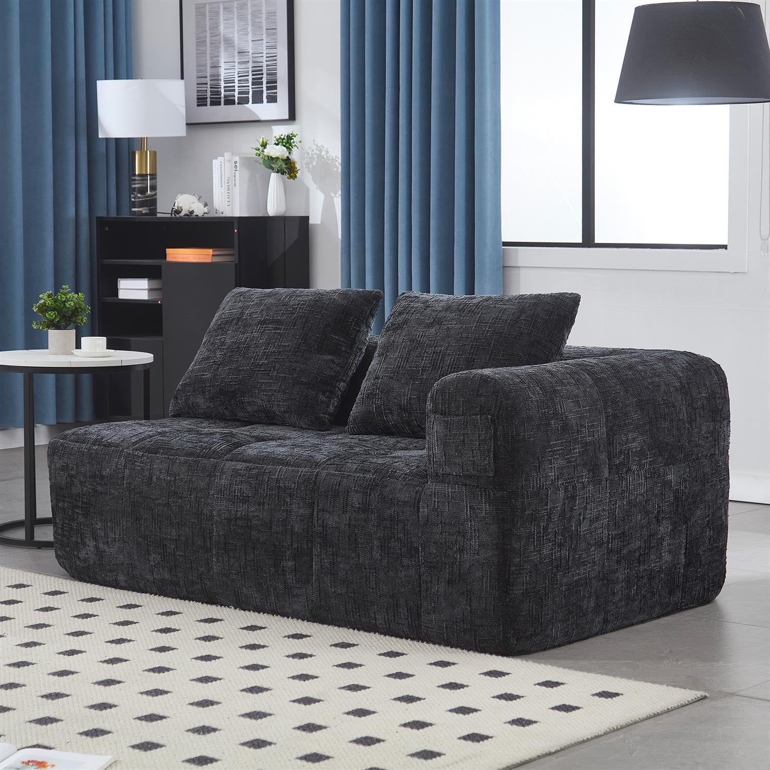 Demi Bonn 62" Plush Chenille Loveseat Sofa, Modular Sleeper for Living Room, Bedroom, Apartment Lounge, Stylish & Comfortable Couch, Black