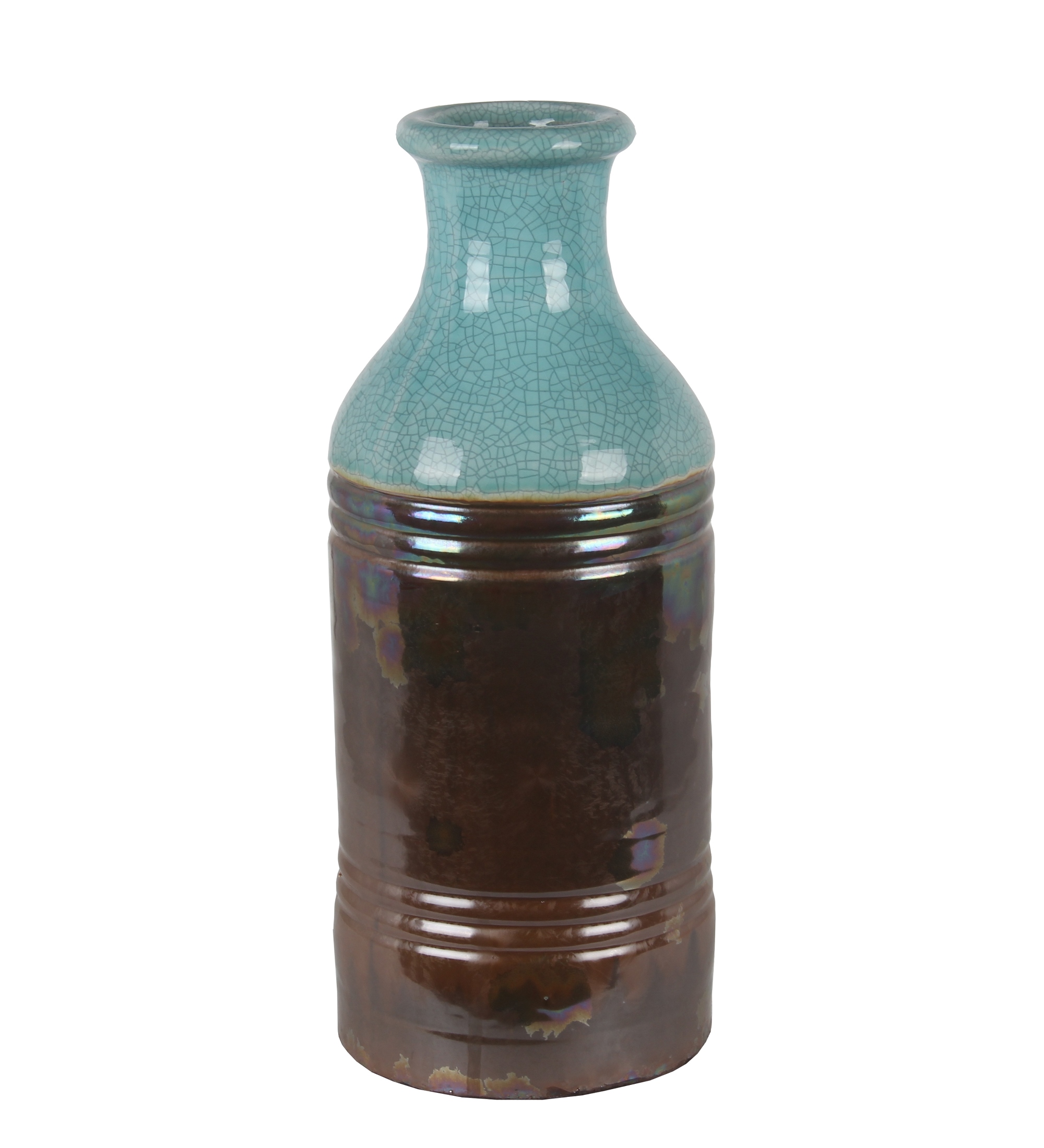 Large Brown And Turquoise Drip Ceramic Vase