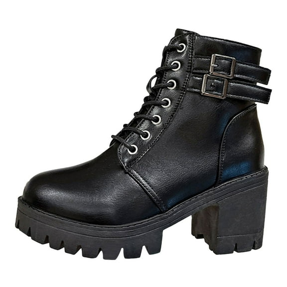 Mepaouo Women's Combat Ankle Boots Platform Lace up Motorcycle Riding Heeled Booties Shoes(Black,6.5)