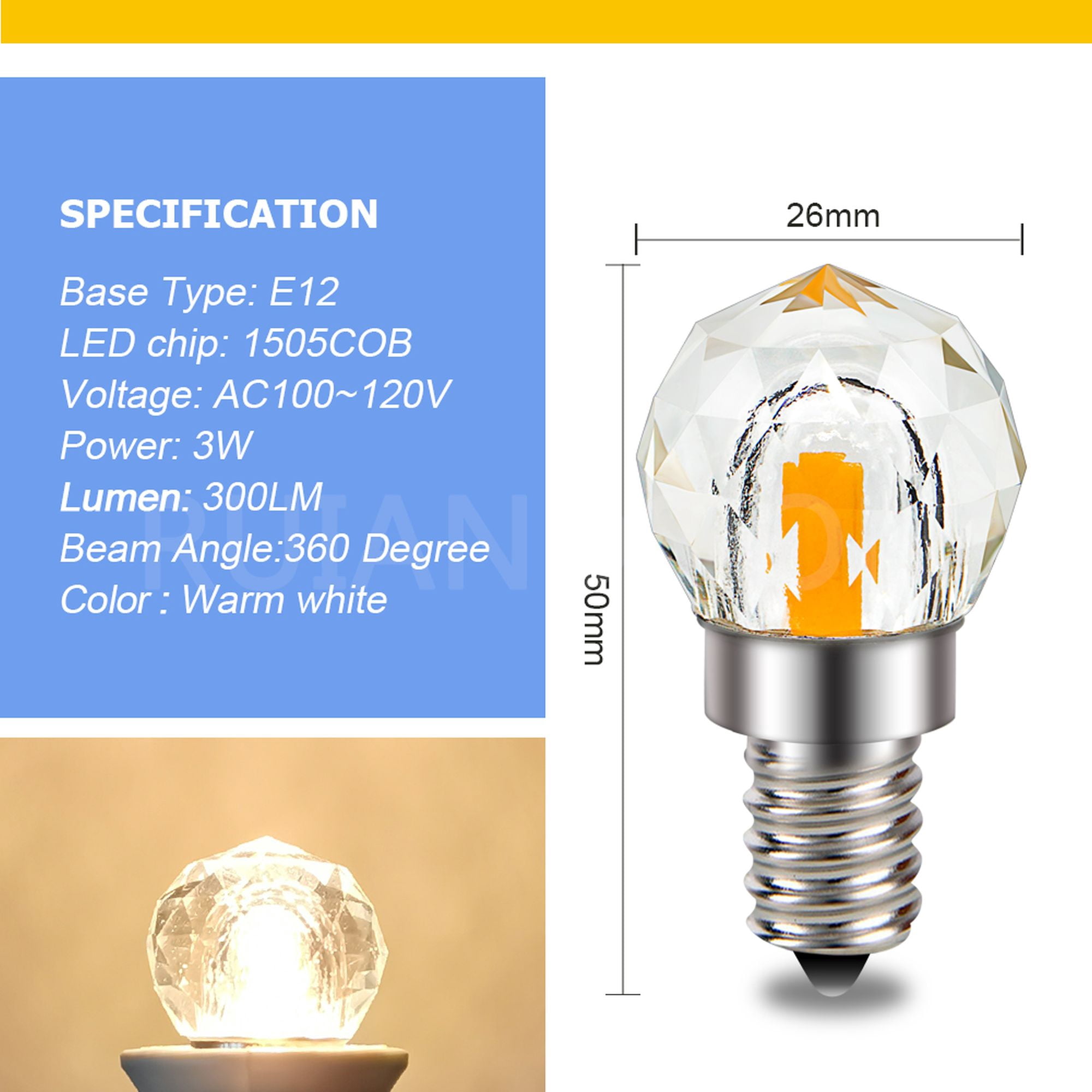 Ruiandsion E12 LED Bulb Warm White 300 Lumen 3000K 100-120V Spherical Diamond Cut Glass for Bedroom Lamp Dining Decorative Light,(pack of 10)