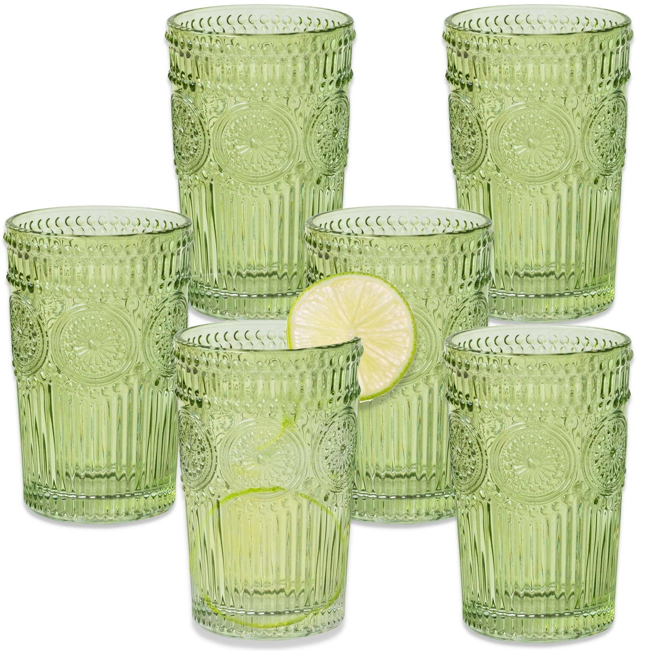 6 Pack Green Vintage Glassware Set, 10oz Textured Embossed Drinking  Glasses, Colored Water Glasses, …See more 6 Pack Green Vintage Glassware  Set, 10oz