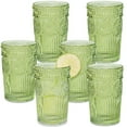 thumbnail image 4 of Vintage Textured Sage Green Striped Drinking Glasses Set of 6 - 13 oz Ribbed Glassware with Flower Design| Cocktail Set, Juice Glass, Water Tumbler, 4 of 8