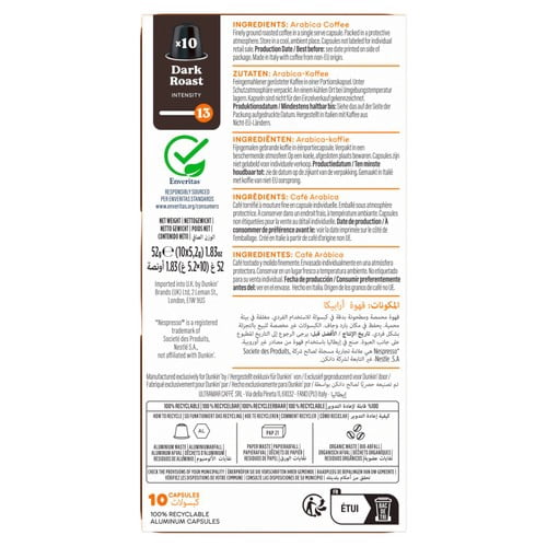 Dunkin Dark Roast Nespresso Compatible Coffee Pods, 10 pods per pack, British Import (Pack of 3)