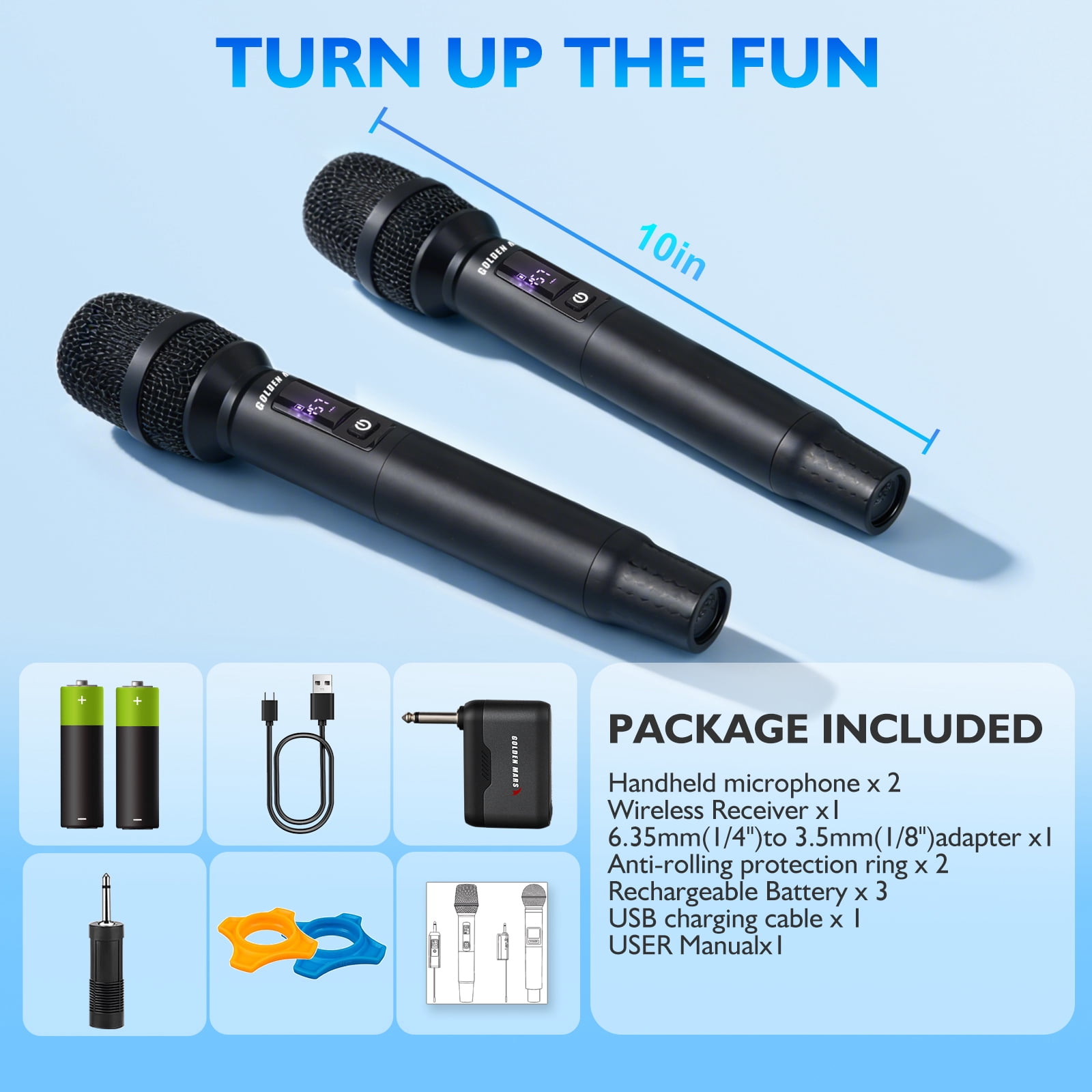 GOLDEN MARS Wireless Microphones, Professional Dual Handheld Dynamic Mic System, Rechargeable Microphone with 300ft Range for Karaoke Singing Wedding DJ Party Speech Church Classroom Meeting