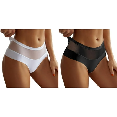 Lojoutye 2 Pack(White 1PCS & Black 1PCS) Multipack Women Mesh Bow Embroidered Lace Transparent String Underwear Back Bandage Hollow Out Panties String Briefs