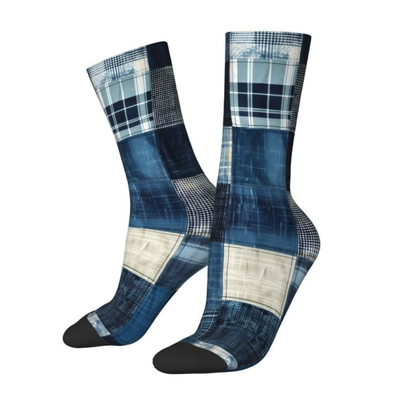 Fuzoiu Indigo Patchwork Quilt Print Athletic Crew Socks for Men & Women,Casual Crew Socks,Above Ankle Crew Socks for Business, Casual