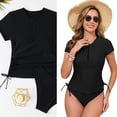 thumbnail image 2 of Lerpwige 2Pcs Flexible Short Sleeve Swimsuit Half Zip Tankini Set for Swimming Sports, 2 of 20