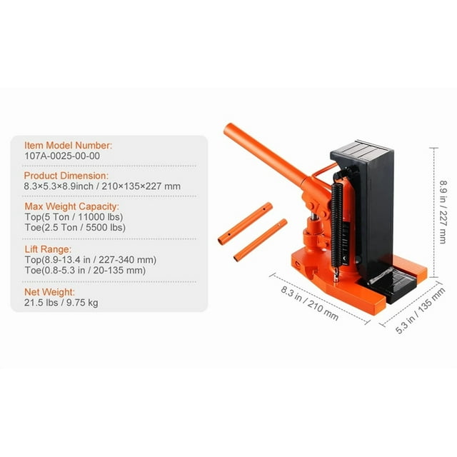 Hydraulic Toe Jack 2.5 Ton On Toe Toe Jack Lift 5 Ton On Top Lift Capacity Machine Jack 0.8-5.3 In Toe Height 8.9-13.4 Top ,Robust Construction