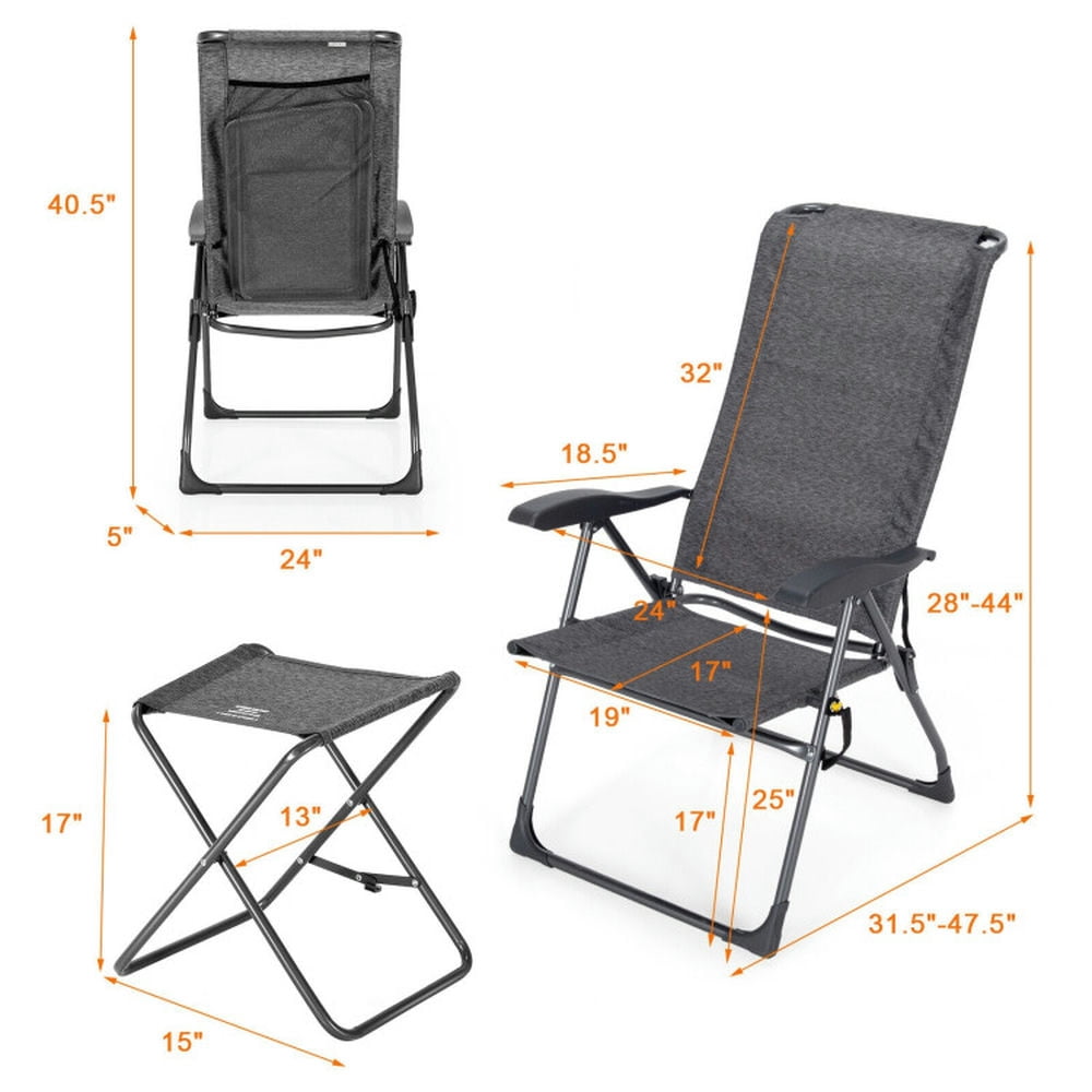 GVN Outdoor Kitchen Chair, Dinner Chairs,4 Pieces Patio Adjustable Back Folding Dining Chair Ottoman Set-Gray