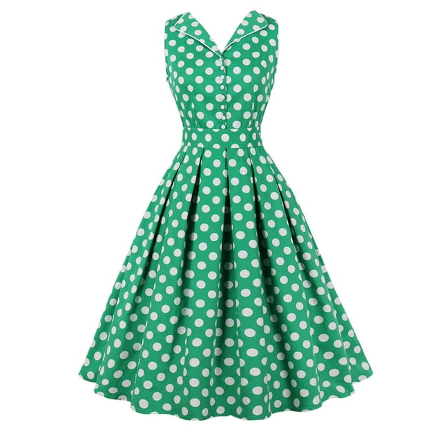 EQWLJWE Robe Longue pour Femmes Femme Mode Unie Sans Manches à Col Rabattu à Pois Robe Mi-Longue