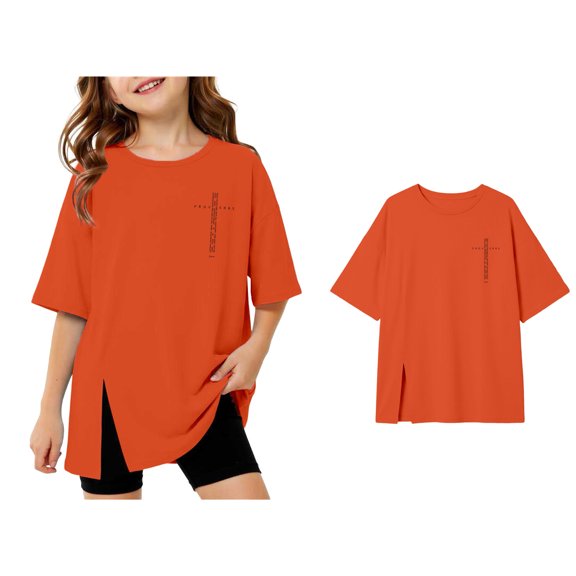 Girls Short Sleeve T Shirts Orange Oversized Crew Neck Side Split Tops Loose Fit Casual Basic Summer Tees 11-12 Years