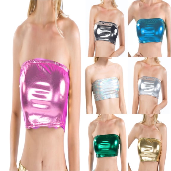 MDUKONU Women's Shiny Metallic Strapless Crop Tube Top Rave Bandeau Bra Pink M