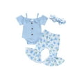 thumbnail image 2 of Musuos Baby Girls Summer 3PCS Sets 0-18Months Blue Short Sleeve Off-Shoulder Button Romper Floral Flared Pants Headband Sets, 2 of 10