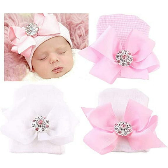 Newborn Hospital Hat Infant Baby Hat Cap with Big Bow Soft Cute Knot Nursery Beanie (1 or 3 Pack Bow Knit Rhinestone Ribbon/ 0-3 Month)