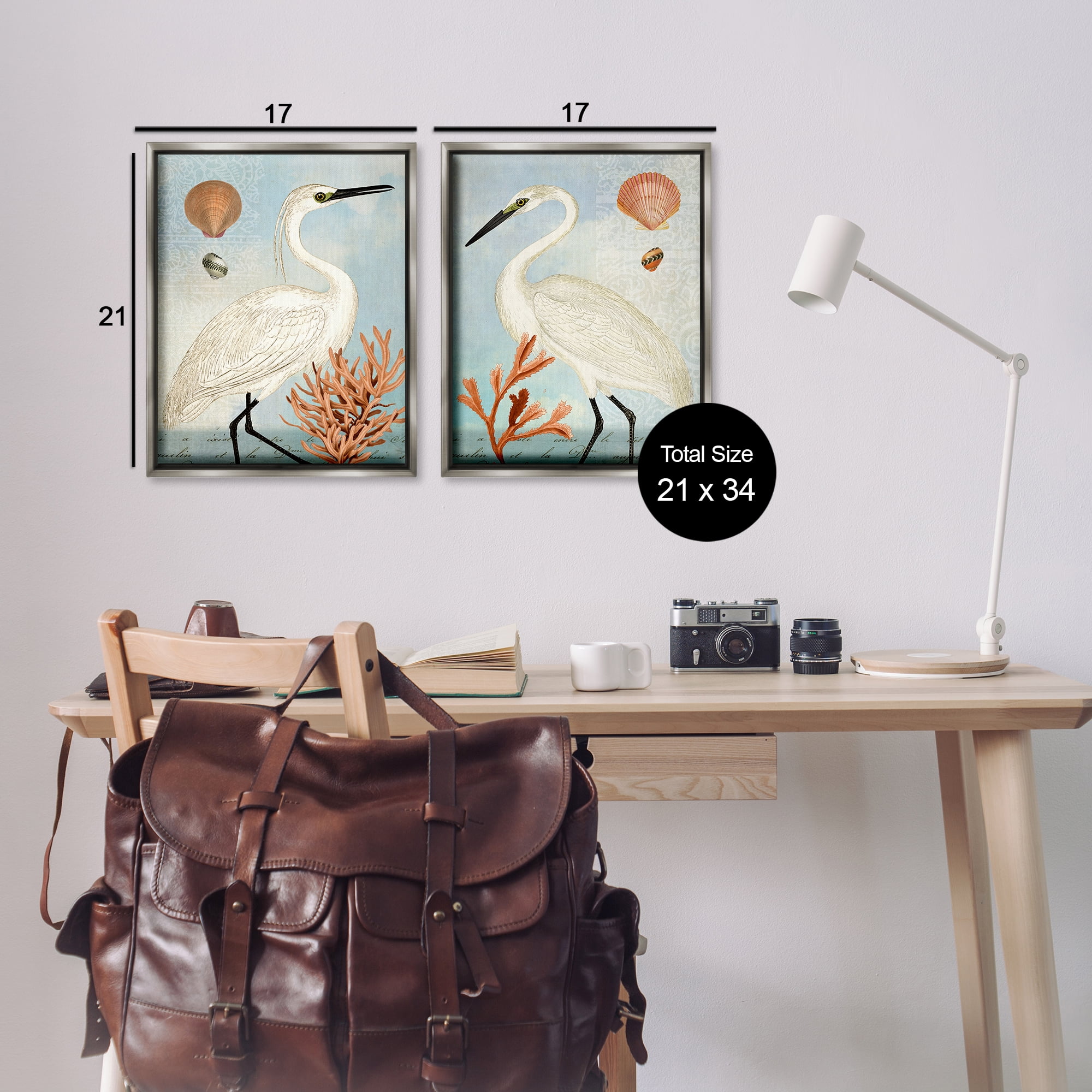 Stupell Industries Beach Items Shell Heron Egret Animals Painting Gray Floater Framed Canvas Art Print Wall Art, 17 x 21, Set of 2